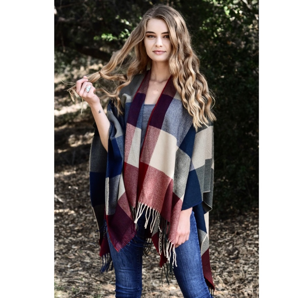 Red Navy Cream Plaid Fall Ruana Poncho Shawl Scarf - Picture 3 of 8